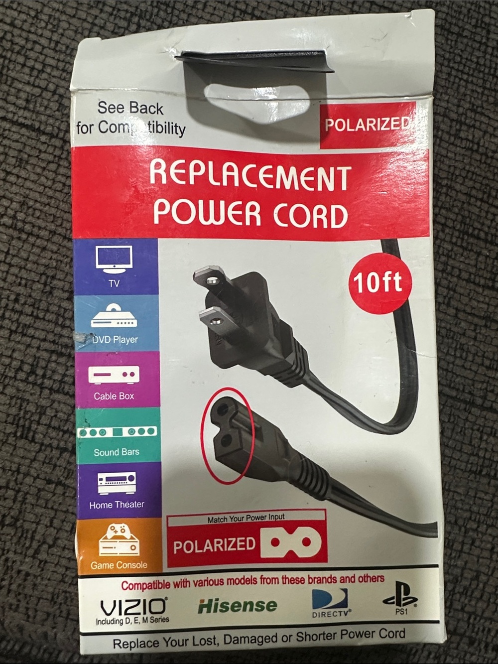 Replacement Power Cord 10ft - Black - Unbranded